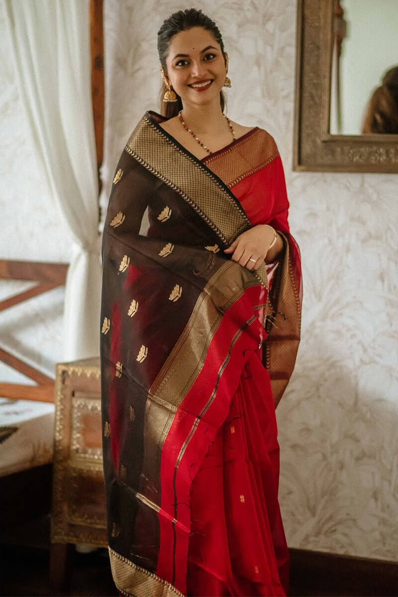 Deserving Red Cotton Silk Saree With Desirable Blouse Piece