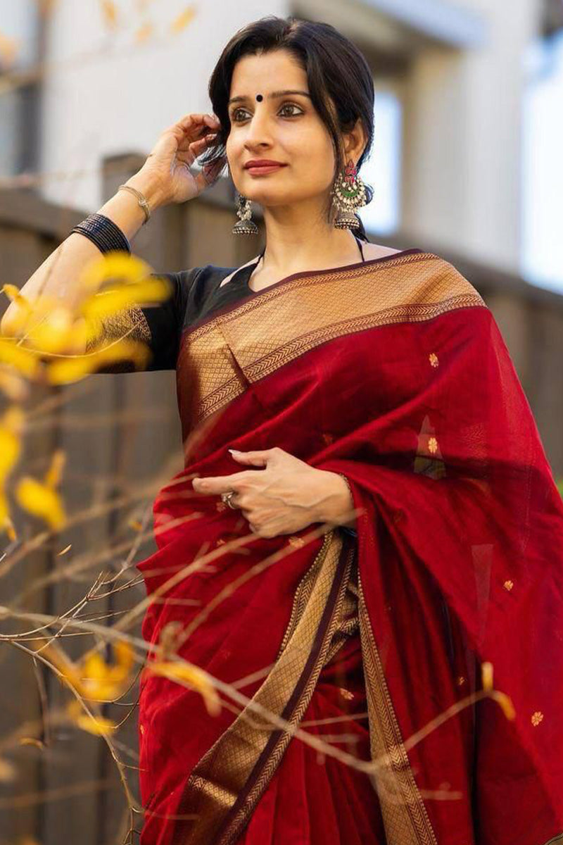 Glamorous Red Cotton Silk Saree With Flaunt Blouse Piece