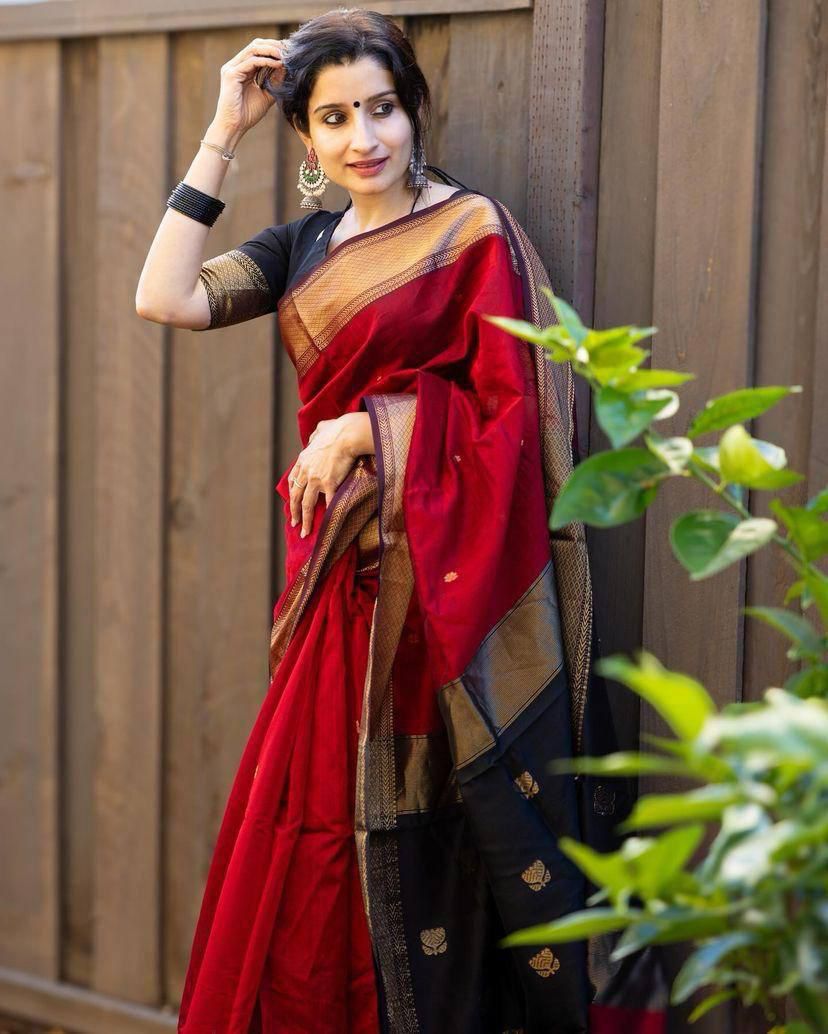 Glamorous Red Cotton Silk Saree With Flaunt Blouse Piece