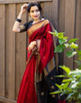 Glamorous Red Cotton Silk Saree With Flaunt Blouse Piece