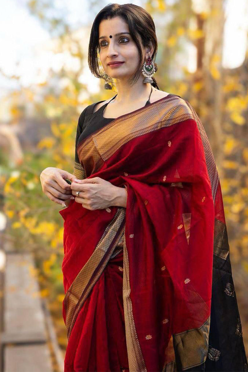 Glamorous Red Cotton Silk Saree With Flaunt Blouse Piece