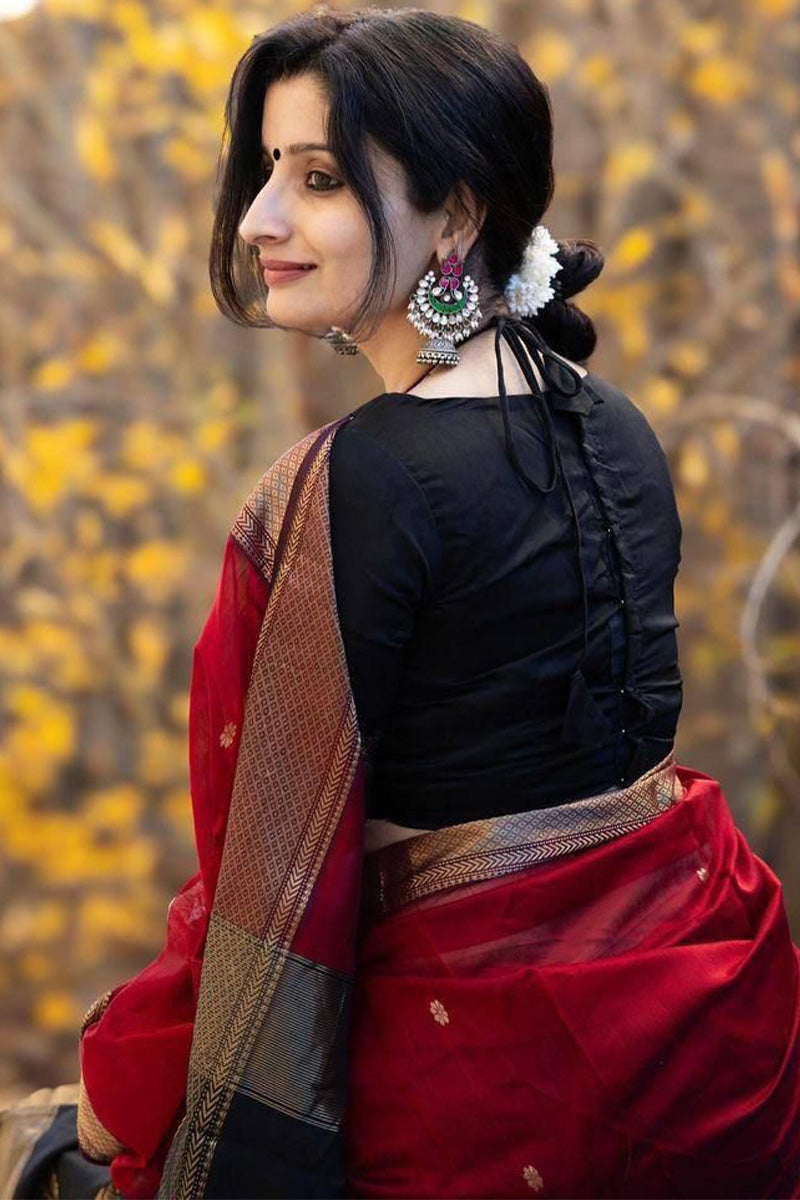 Glamorous Red Cotton Silk Saree With Flaunt Blouse Piece