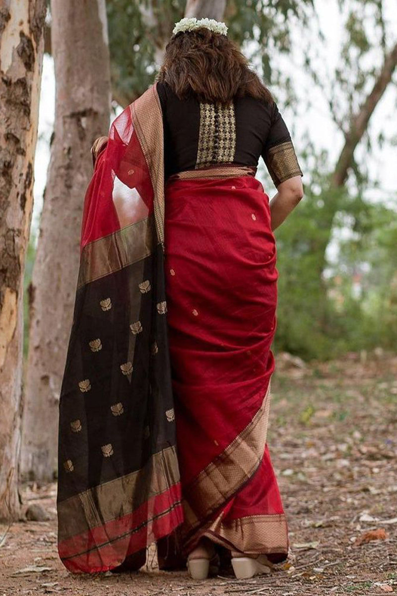 Glamorous Red Cotton Silk Saree With Flaunt Blouse Piece