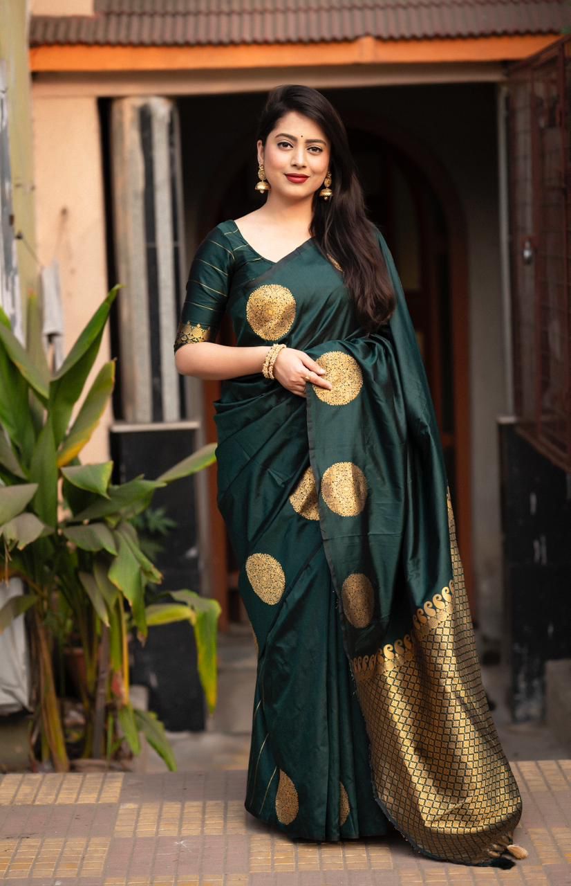 Girlish Dark Green Soft Silk Saree With Super classy Blouse Piece