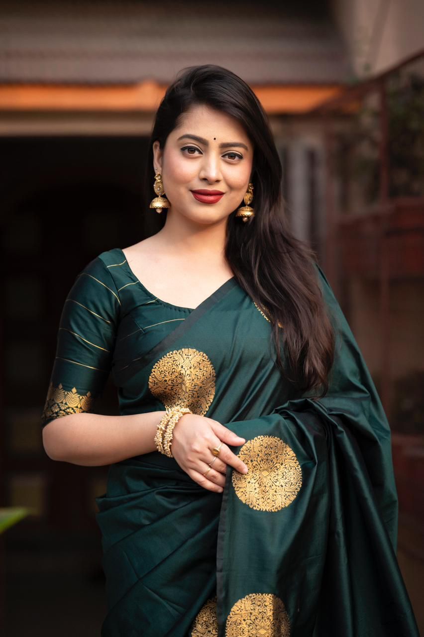 Girlish Dark Green Soft Silk Saree With Super classy Blouse Piece