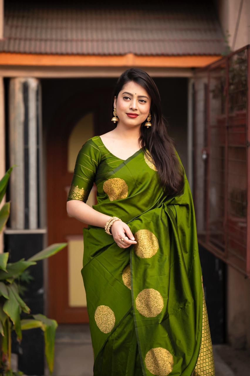 Glittering Green Soft Silk Saree With Beguiling Blouse Piece