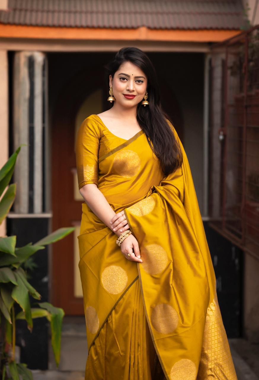 Elaborate Yellow Soft Silk Saree With Seraphic Blouse Piece