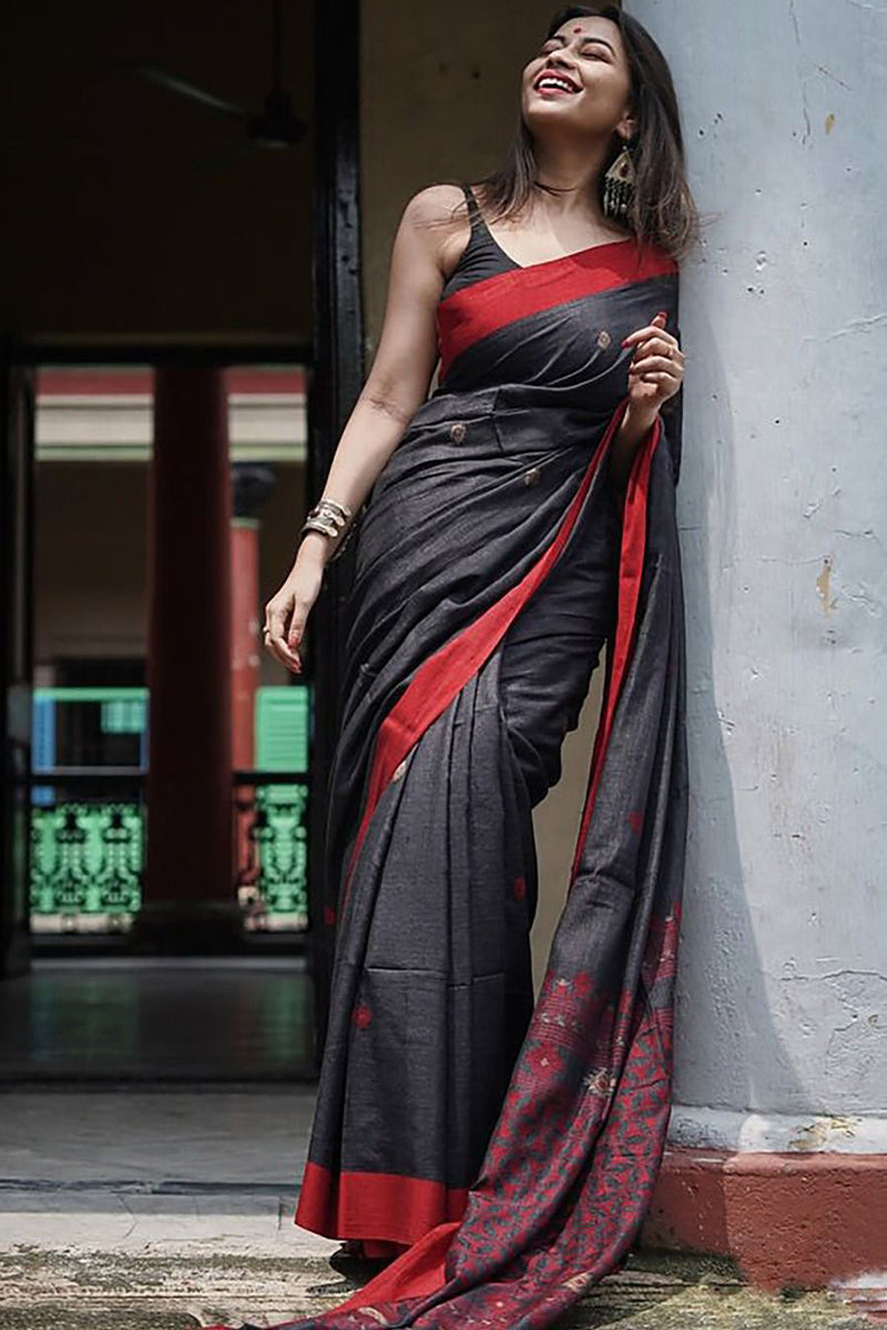 Incomparable Black Cotton Silk Saree With Luminous Blouse Piece