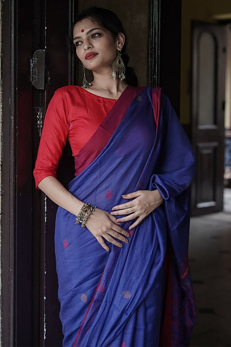 Tremendous Blue Cotton Silk Saree With Ravishing Blouse Piece