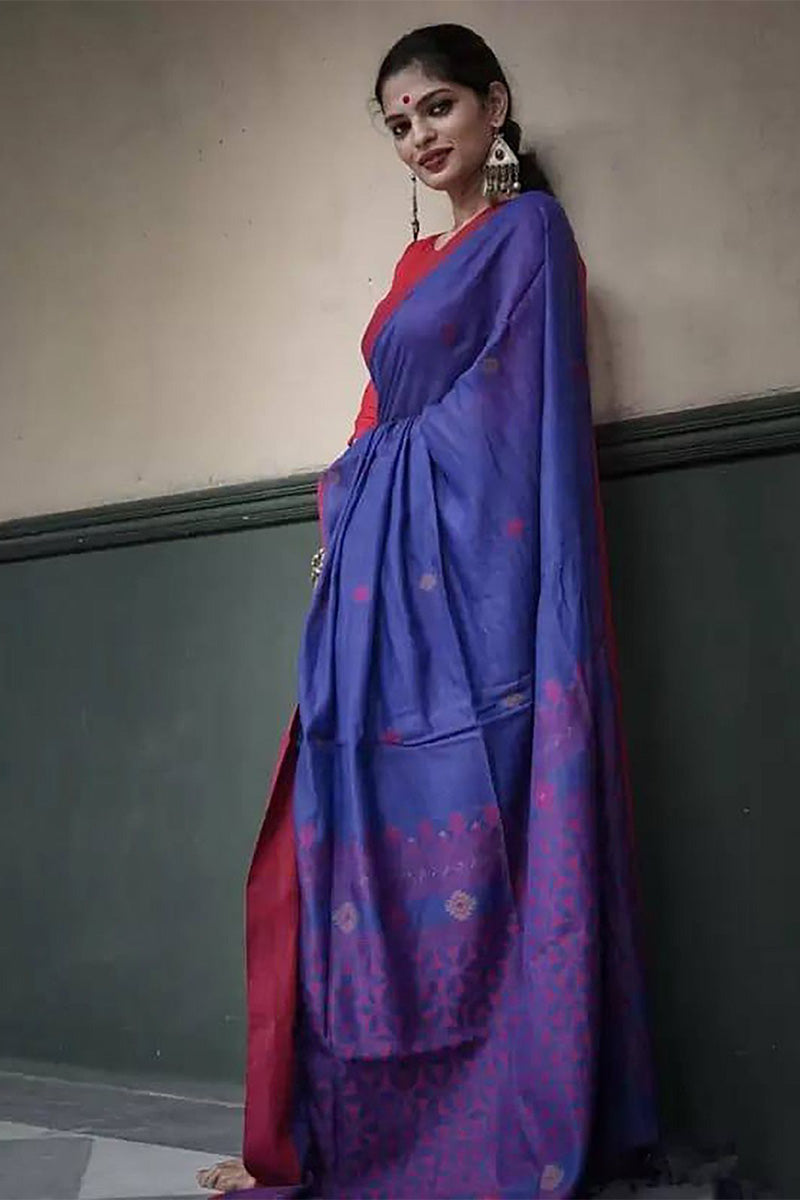 Tremendous Blue Cotton Silk Saree With Ravishing Blouse Piece