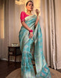 Amazing Firozi Soft Silk Saree With Ethnic Blouse Piece