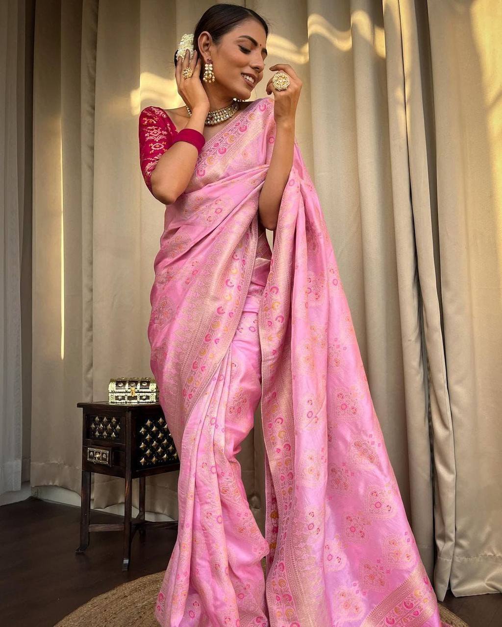 Elegant Pink Soft Silk Saree With Appealing Blouse Piece