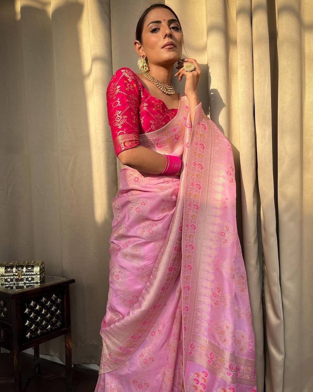 Elegant Pink Soft Silk Saree With Appealing Blouse Piece