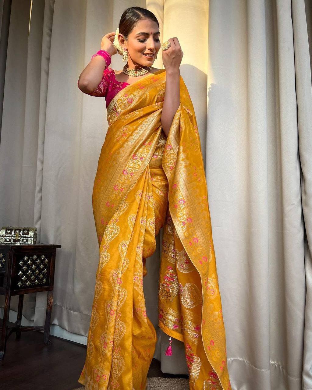 Innovative Yellow Soft Silk Saree With Desiring Blouse Piece