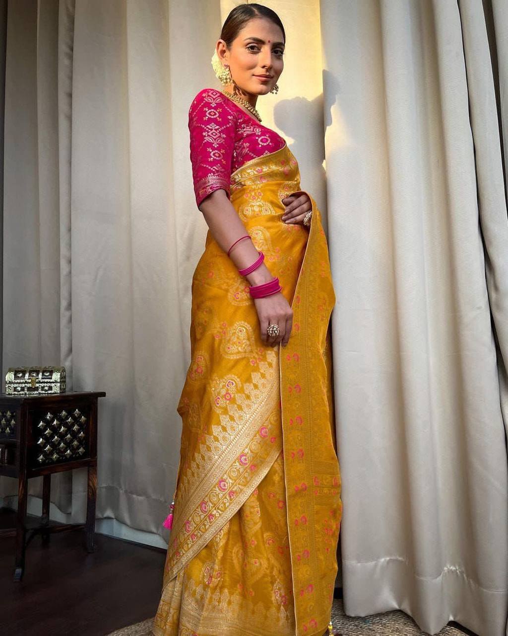 Innovative Yellow Soft Silk Saree With Desiring Blouse Piece