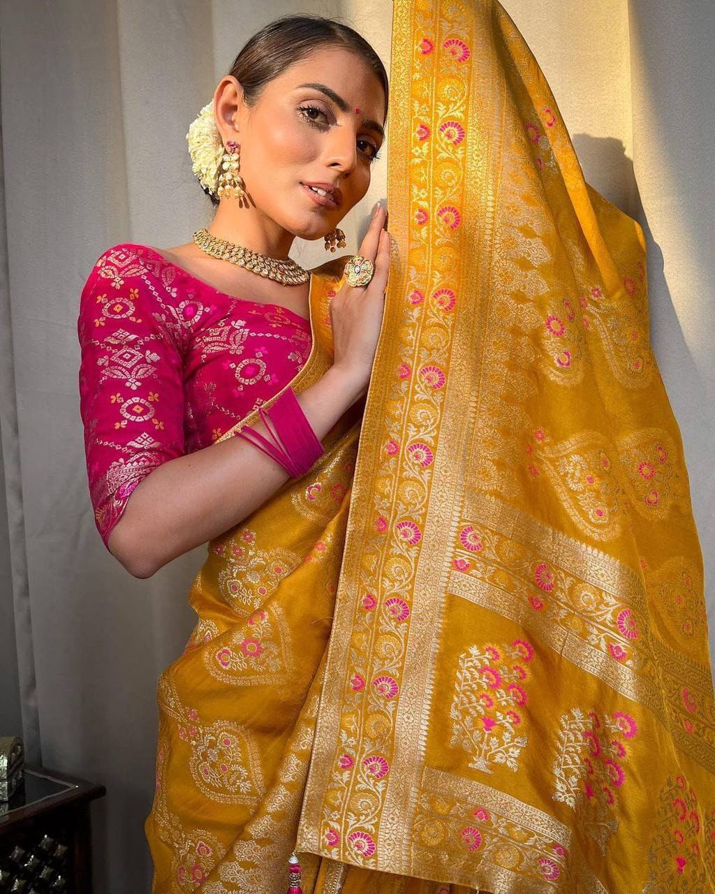 Innovative Yellow Soft Silk Saree With Desiring Blouse Piece