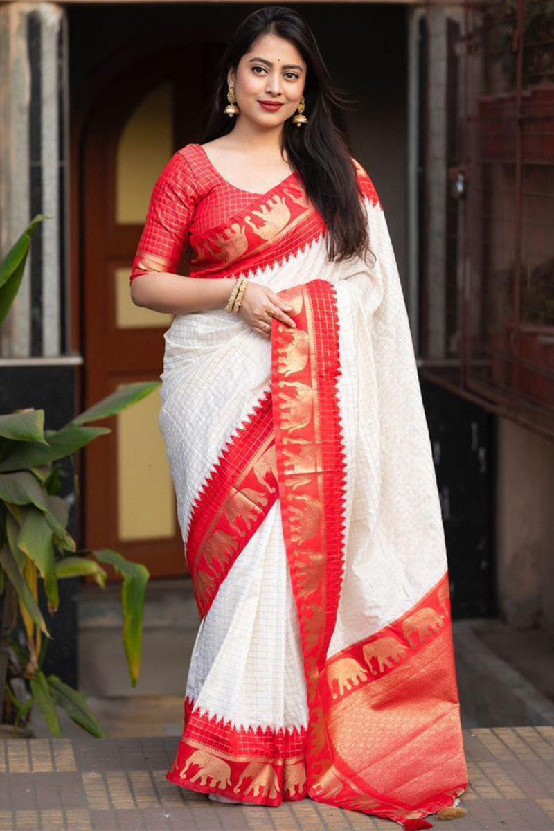 Attractive Off White Soft Silk Saree With Majesty Blouse Piece