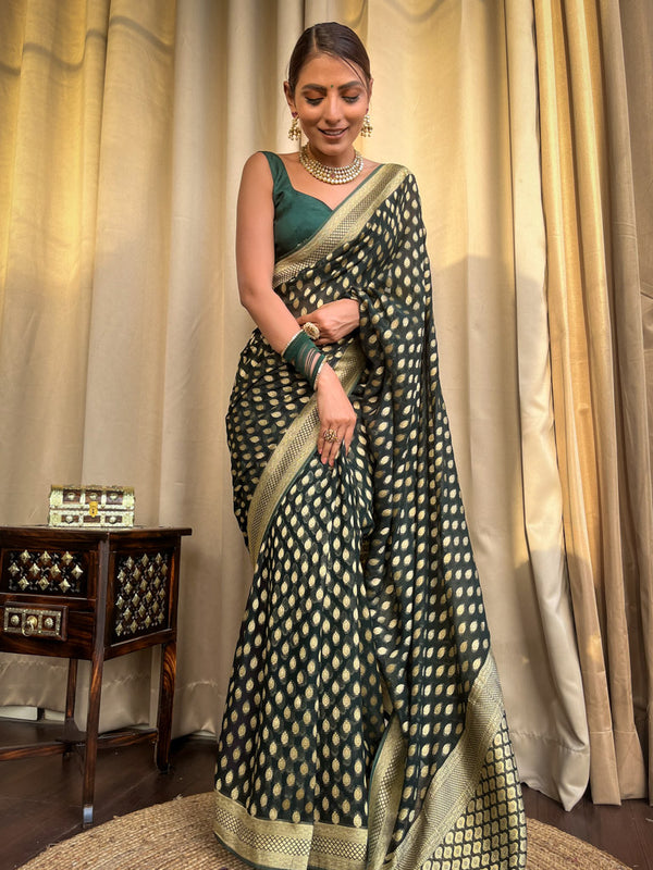 Adorable Dark Green Soft Banarasi Silk Saree With Ethereal Blouse