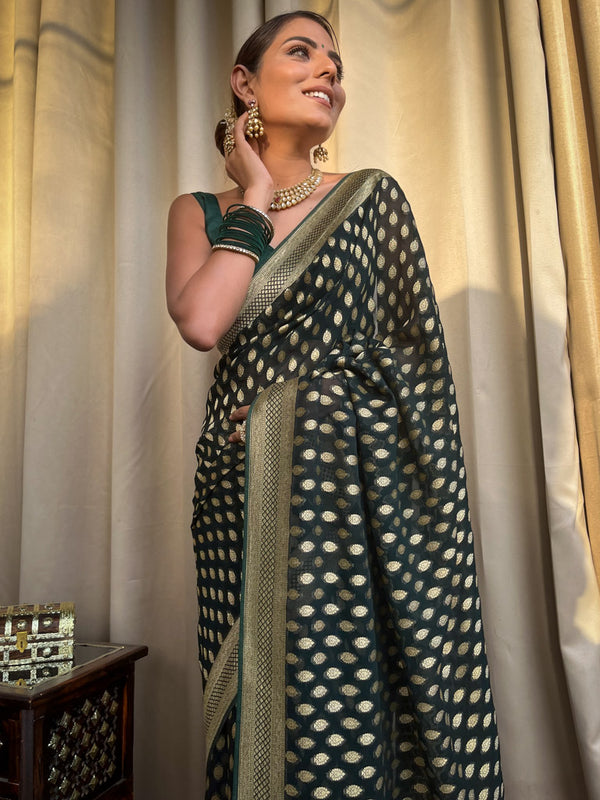 Adorable Dark Green Soft Banarasi Silk Saree With Ethereal Blouse