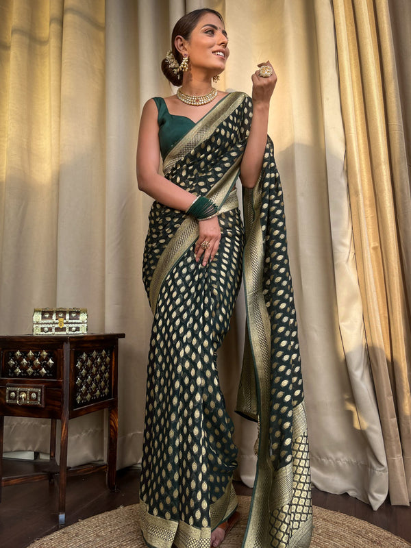 Adorable Dark Green Soft Banarasi Silk Saree With Ethereal Blouse