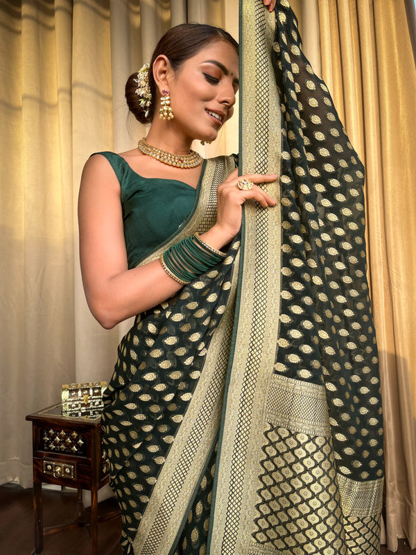 Adorable Dark Green Soft Banarasi Silk Saree With Ethereal Blouse