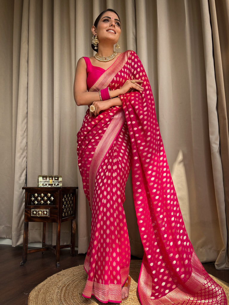 Breathtaking Dark Pink Soft Banarasi Silk Saree With Dulcet Blouse