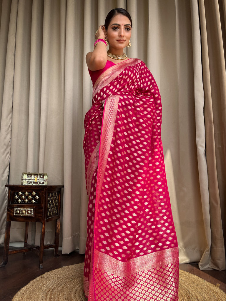 Breathtaking Dark Pink Soft Banarasi Silk Saree With Dulcet Blouse