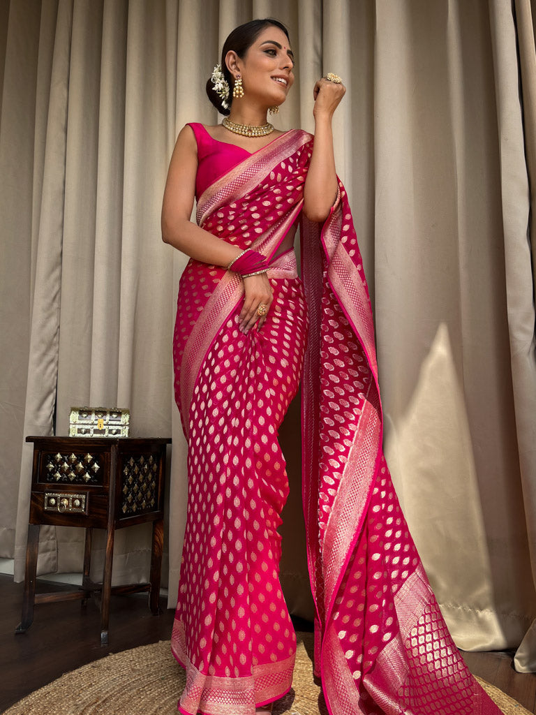 Breathtaking Dark Pink Soft Banarasi Silk Saree With Dulcet Blouse