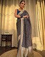 Engrossing Navy Blue Soft Banarasi Silk Saree With Embellished Blouse