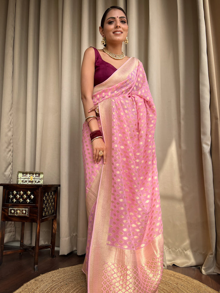 Charismatic Pink Soft Banarasi Silk Saree With Admirable Blouse