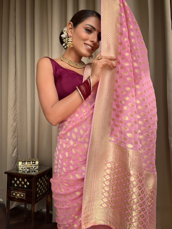 Charismatic Pink Soft Banarasi Silk Saree With Admirable Blouse