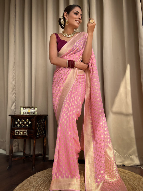 Charismatic Pink Soft Banarasi Silk Saree With Admirable Blouse