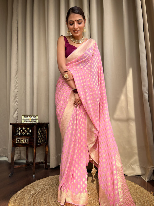 Charismatic Pink Soft Banarasi Silk Saree With Admirable Blouse