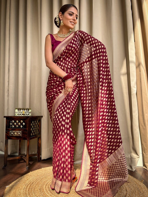 Enthralling Wine Soft Banarasi Silk Saree With Embrocation Blouse