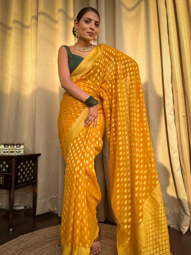 Ornate Yellow Soft Banarasi Silk Saree With Ratatouille Blouse