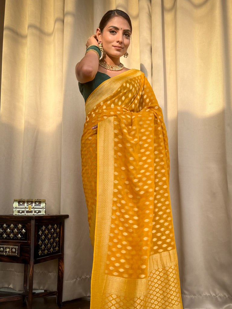 Ornate Yellow Soft Banarasi Silk Saree With Ratatouille Blouse