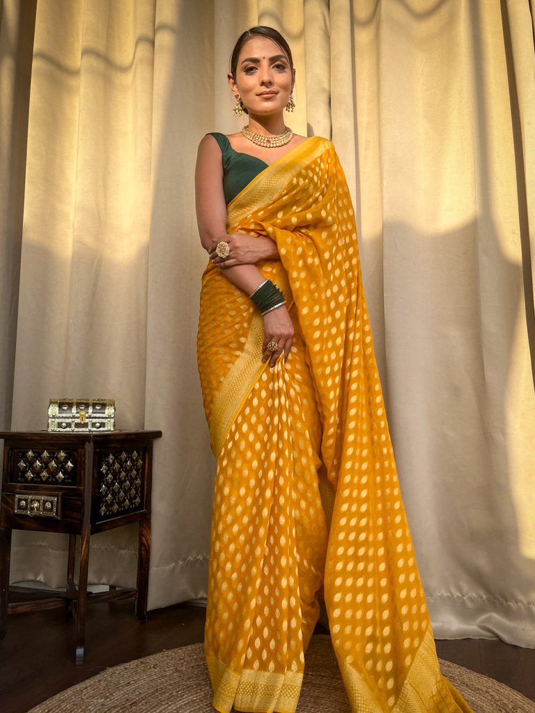 Ornate Yellow Soft Banarasi Silk Saree With Ratatouille Blouse