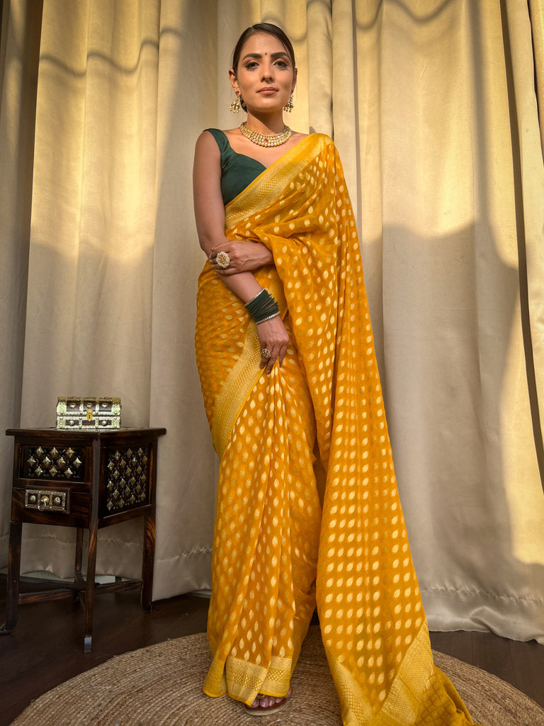 Ornate Yellow Soft Banarasi Silk Saree With Ratatouille Blouse