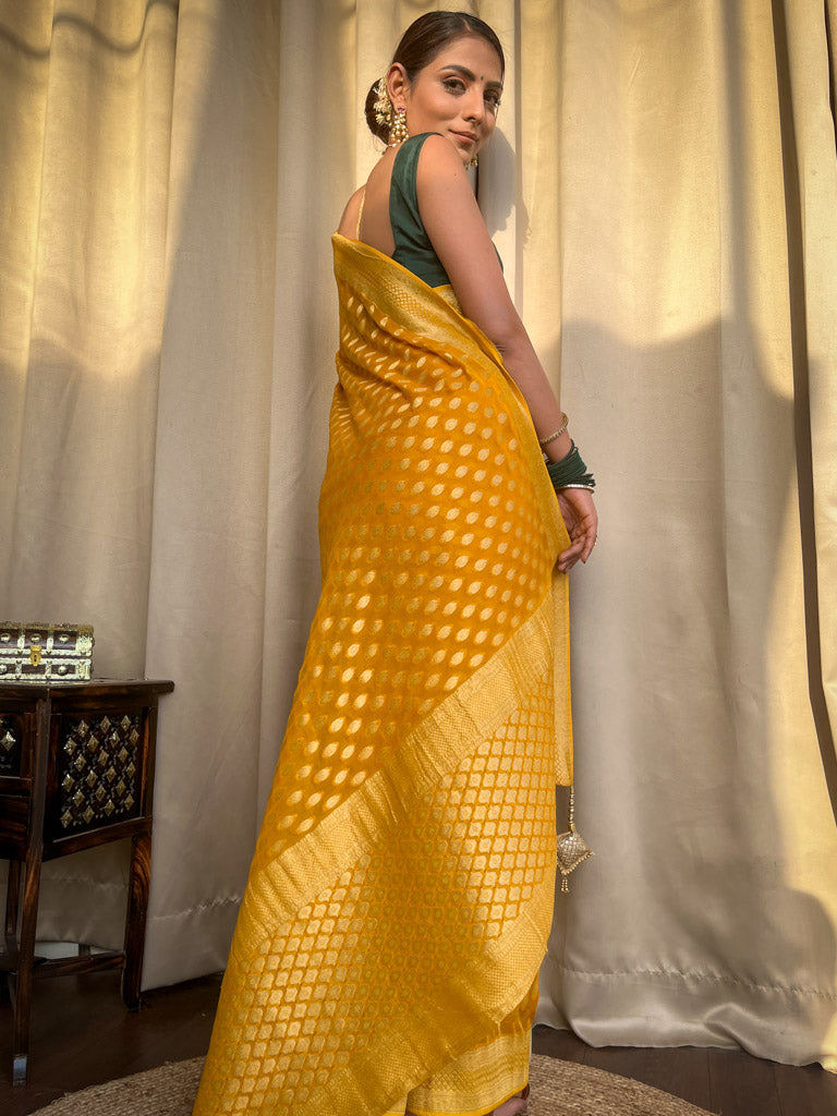 Ornate Yellow Soft Banarasi Silk Saree With Ratatouille Blouse