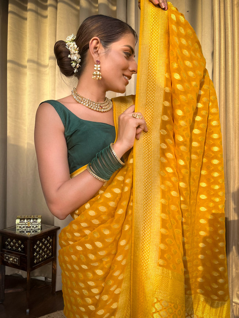 Ornate Yellow Soft Banarasi Silk Saree With Ratatouille Blouse