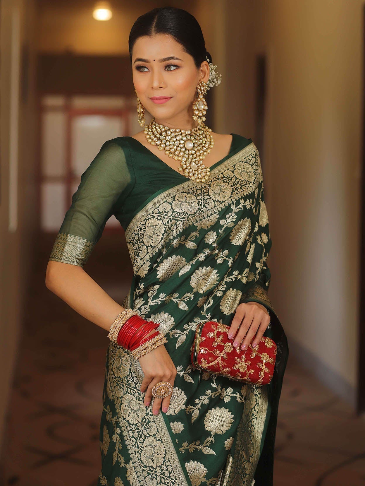 Trendy Dark Green Soft Silk Saree With Desiring Blouse Piece