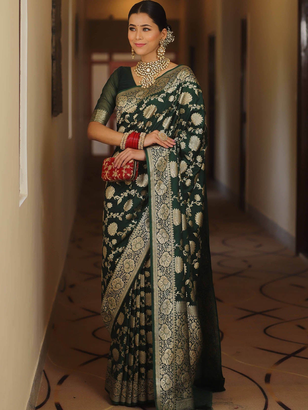 Trendy Dark Green Soft Silk Saree With Desiring Blouse Piece