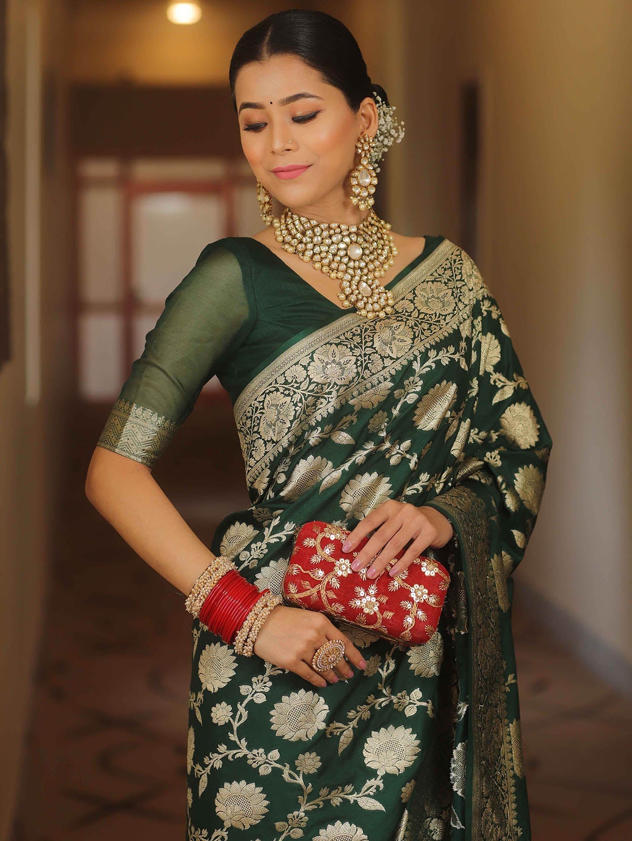 Trendy Dark Green Soft Silk Saree With Desiring Blouse Piece