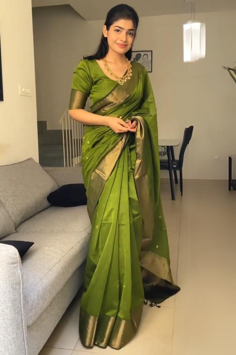 Gossamer Green Cotton Silk Saree With Felicitous Blouse Piece