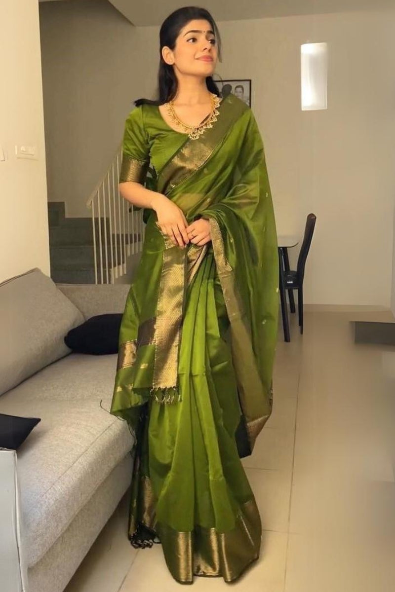 Gossamer Green Cotton Silk Saree With Felicitous Blouse Piece