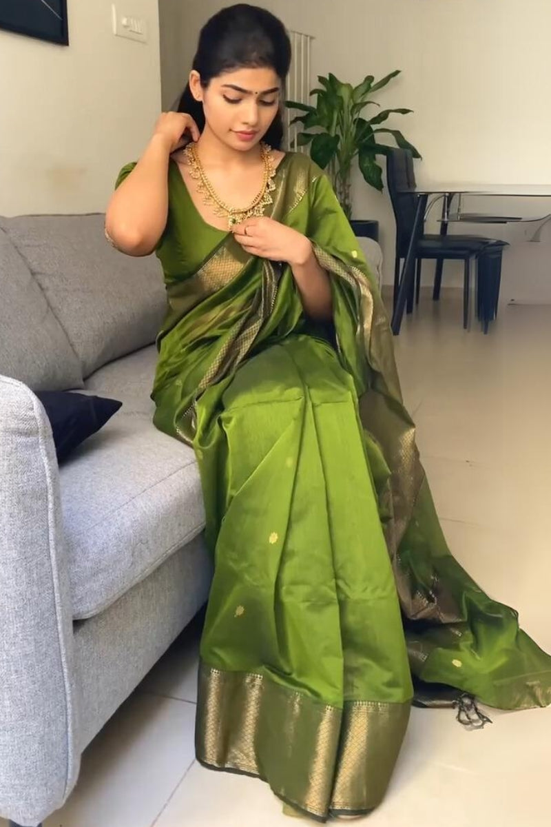 Gossamer Green Cotton Silk Saree With Felicitous Blouse Piece