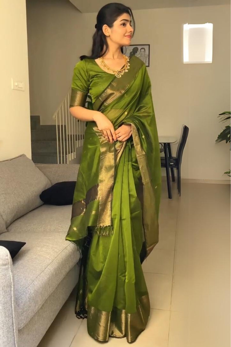 Gossamer Green Cotton Silk Saree With Felicitous Blouse Piece