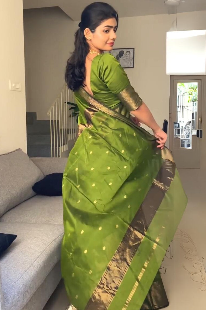 Gossamer Green Cotton Silk Saree With Felicitous Blouse Piece