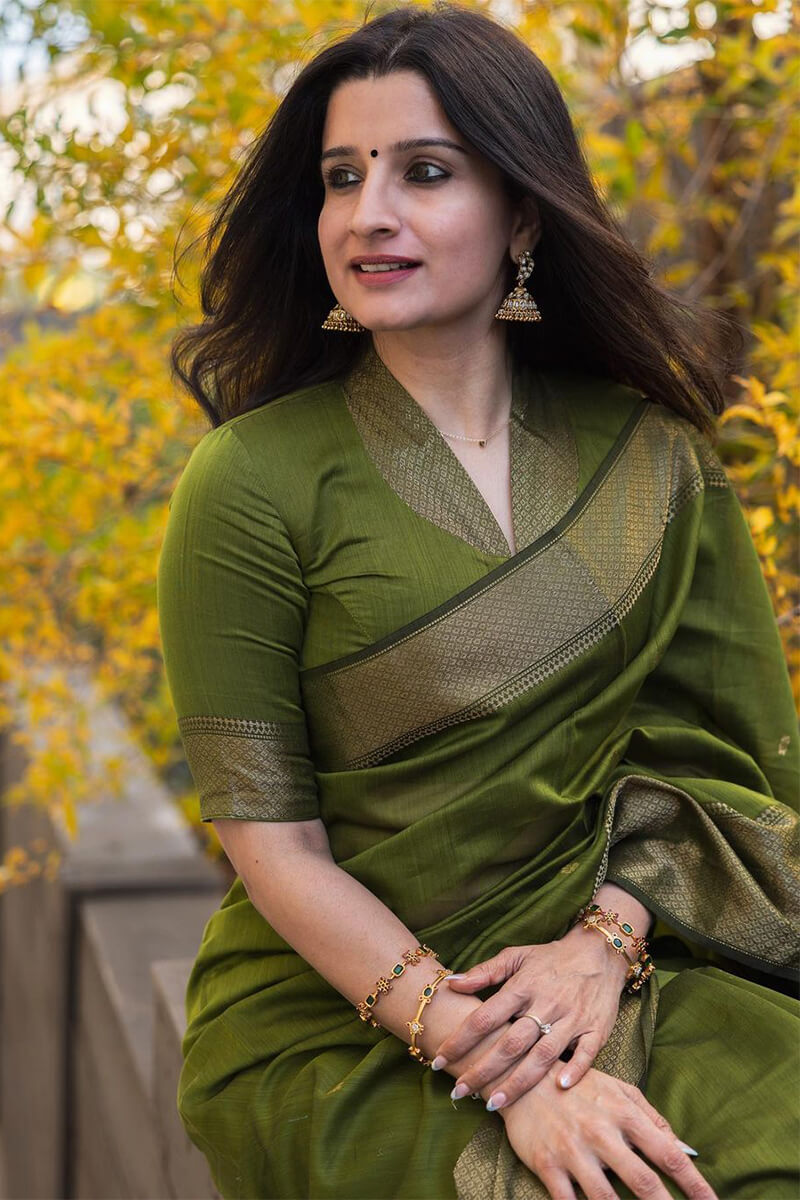 Bucolic Green Cotton Silk Saree With Redolent Blouse Piece