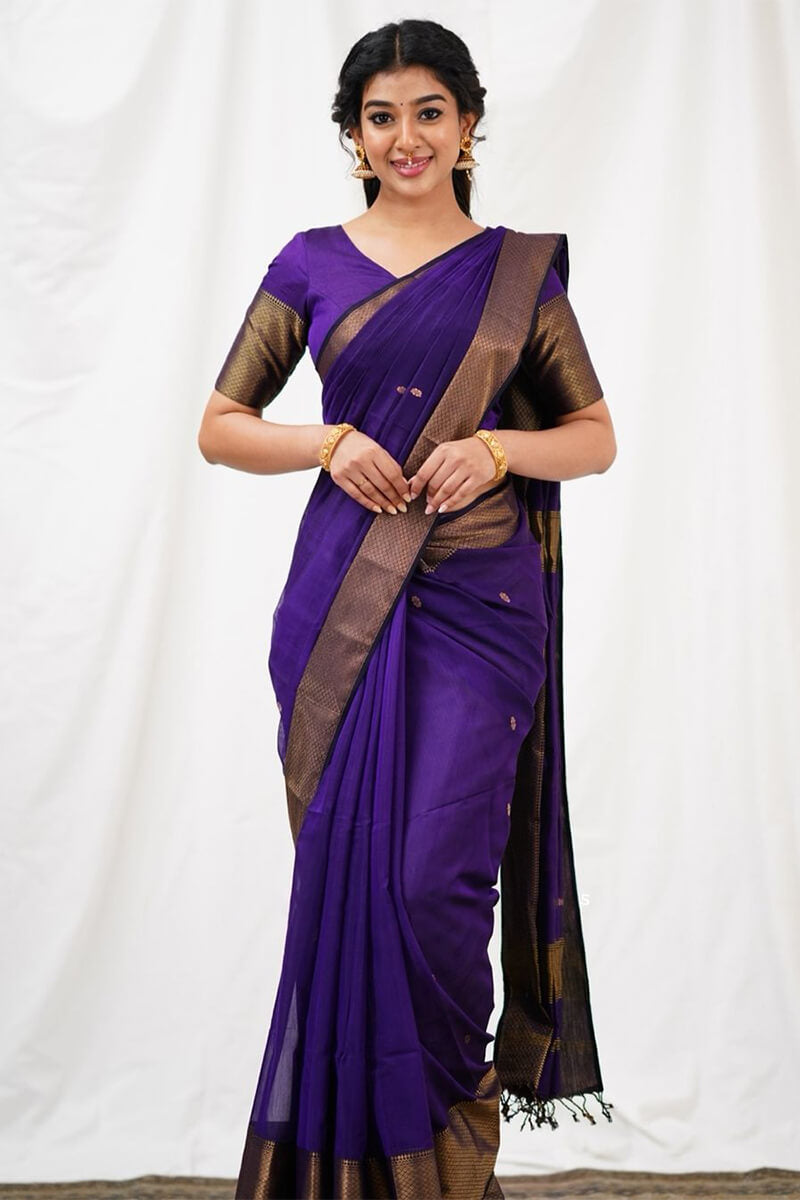 Symmetrical Purple Cotton Silk Saree With Quintessential Blouse Piece